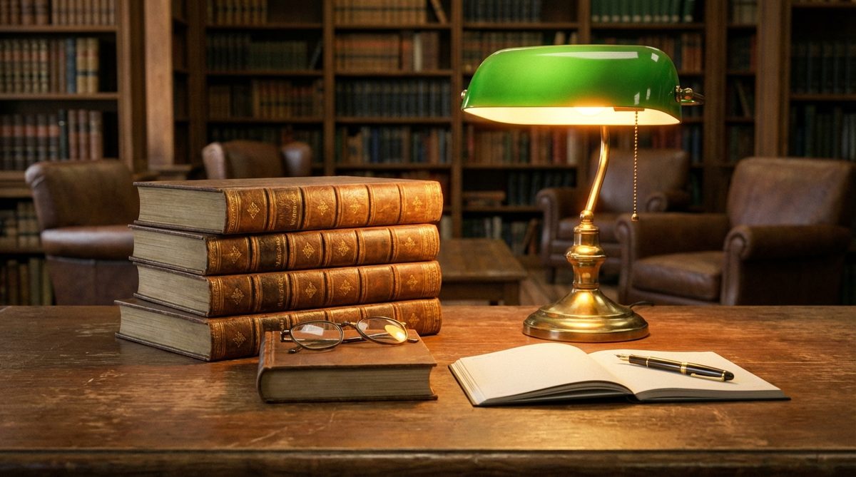 Stack of theology books on a library desk with warm ambient lighting